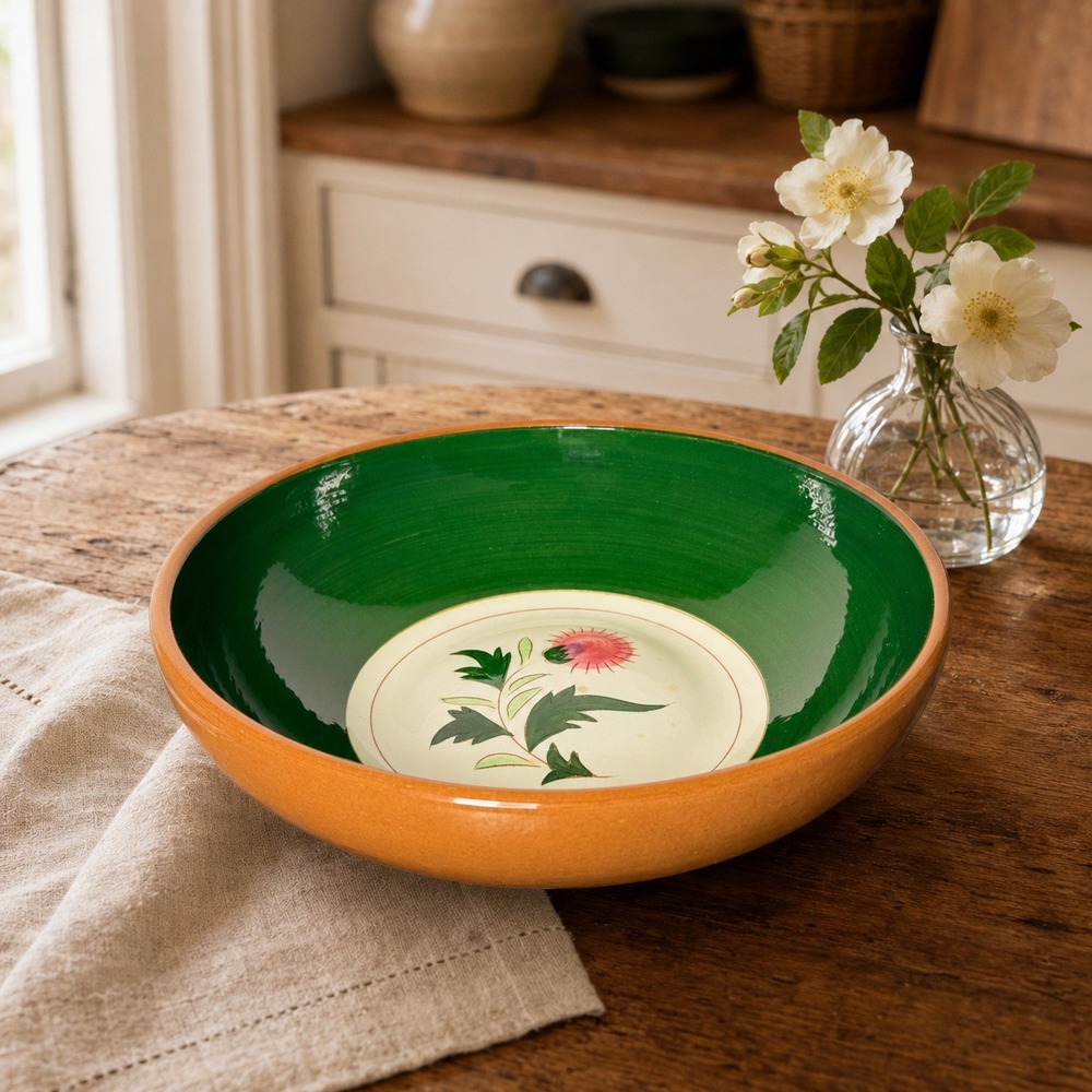 Vintage Stangl Pottery Thistle 10" Serving Bowl Hand Painted Green Floral MCM
